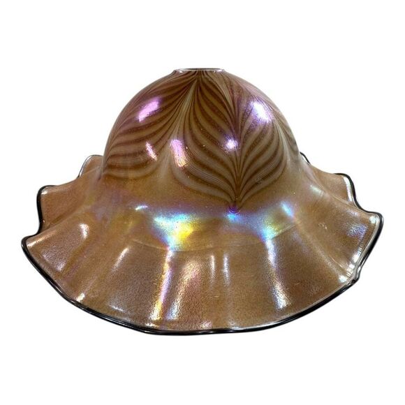 Vintage Large 15" Iridescent Pulled Feather Art Glass Lamp Shade Ruffled Edges - Picture 3 of 11